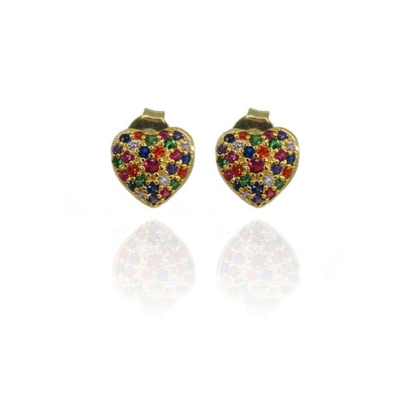 Encontraproduto.com.br - Brinco Pequeno De Coração Com Zircônias Colorido Folheado A Ouro 18k [f027]