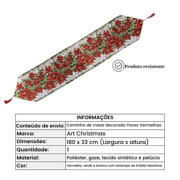 Encontraproduto.com.br - Caminho De Mesa Poliéster 33x180cm Decor Flores Vermelhas
