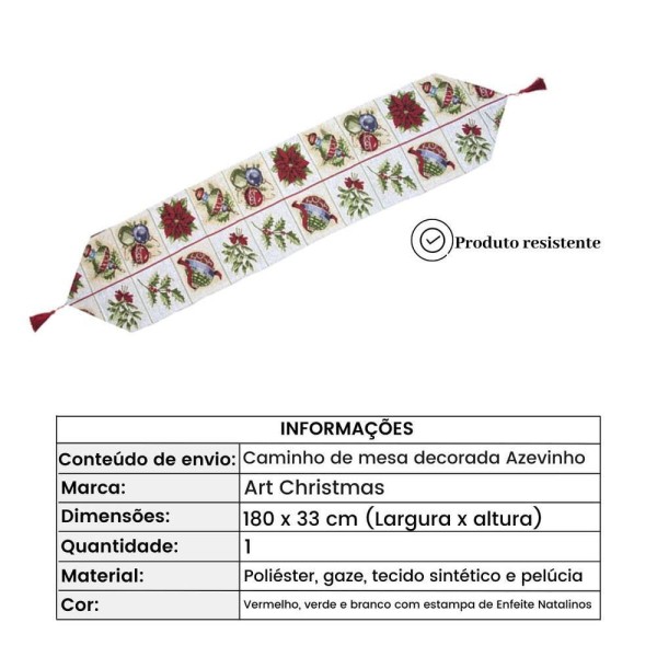 Encontraproduto.com.br - Caminho De Mesa Em Poliéster 33x180cm Decorada Azevinho