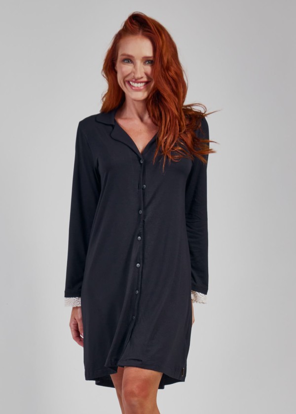 Camisola Midi de Botão e Manga Longa Serena PRETO