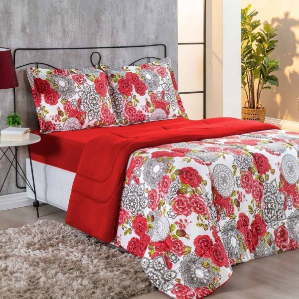 Encontraproduto.com.br - Kit Edredom Malha 100% Algodão Primavera 3 Peças King Floral Vermelho