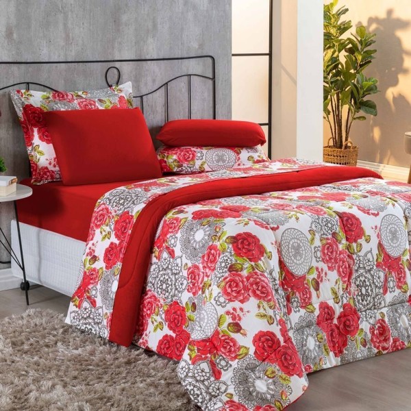 Encontraproduto.com.br - Kit Edredom Malha 100% Algodão Primavera 3 Peças King Floral Vermelho