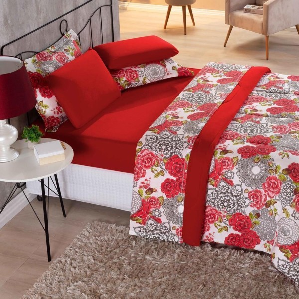 Encontraproduto.com.br - Kit Edredom Malha 100% Algodão Primavera 3 Peças King Floral Vermelho