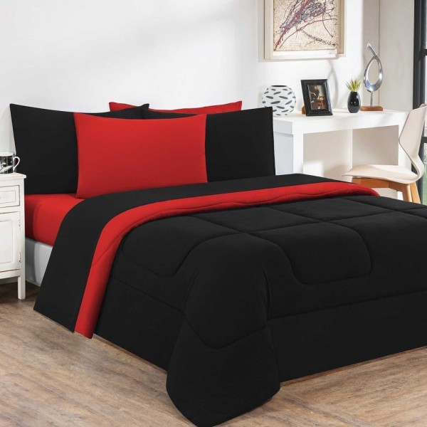 Encontraproduto.com.br - Kit Edredom + Jogo De Lençol Malha 100% Algodão Gran Moratta 6 Peças Queen - Preto-vermelho