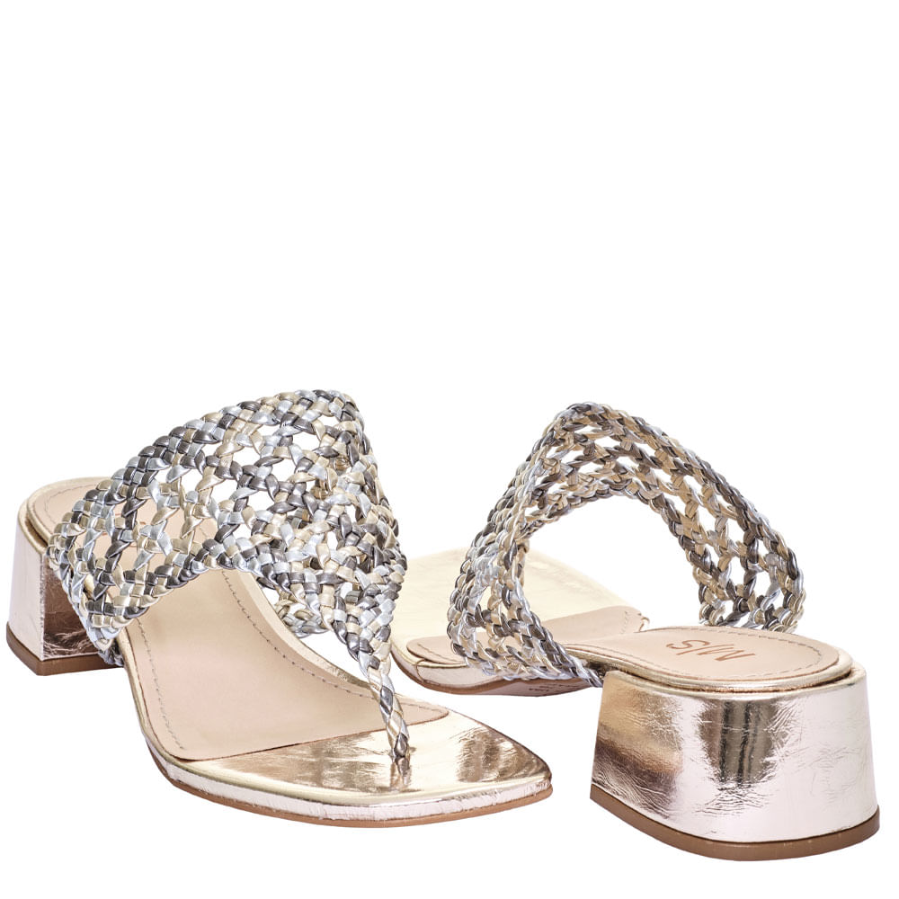 Encontraproduto.com.br - Sandália M|S Couro Ouro Prata Onix Salto Bloco