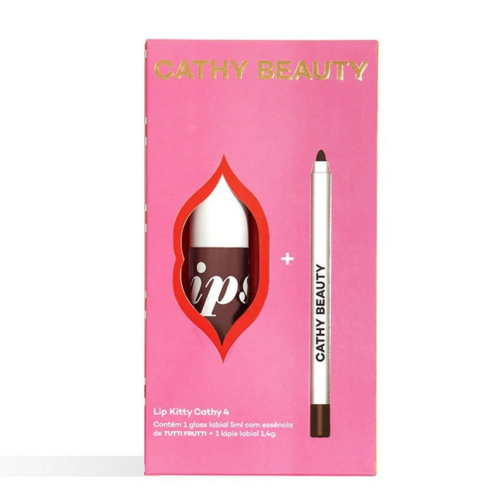 Encontraproduto.com.br - Kit Cathy Beauty Lip Kitty Cathy N°4 Cappuccino Gloss Labial 5ml + Lápis Labial 1,4g