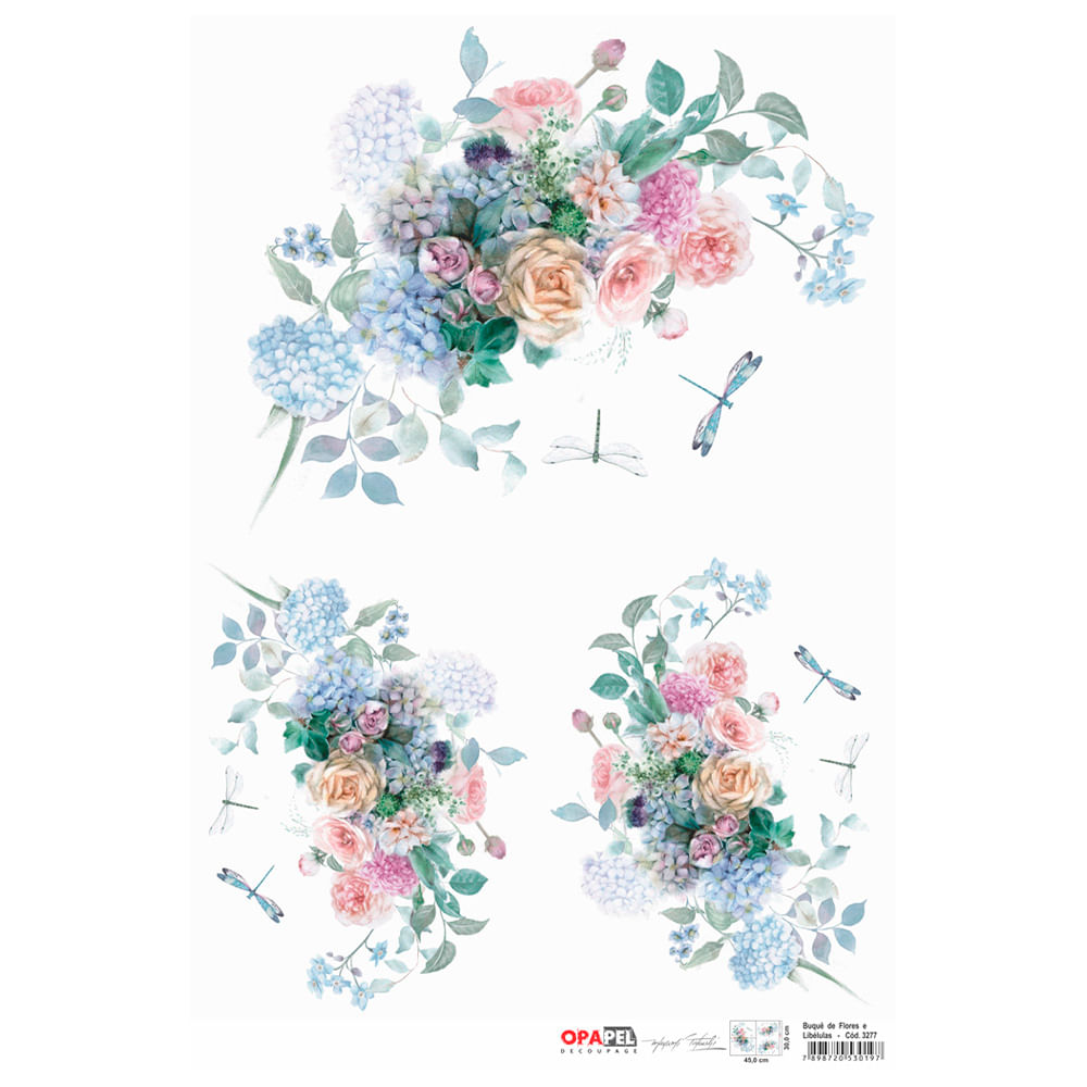 Encontraproduto.com.br - Papel para Decoupage Opa Opapel - 3277 - Buquê de Flores e Libélulas
