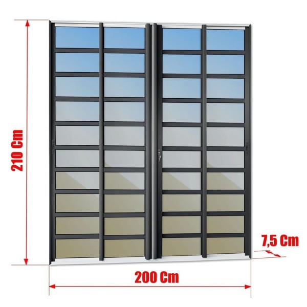 Encontraproduto.com.br - Porta De Correr Com Travessas 4 Folhas Moveis 210 X 200 Elite Com Fechadura Tetra Vidro Reflex Mix Preto