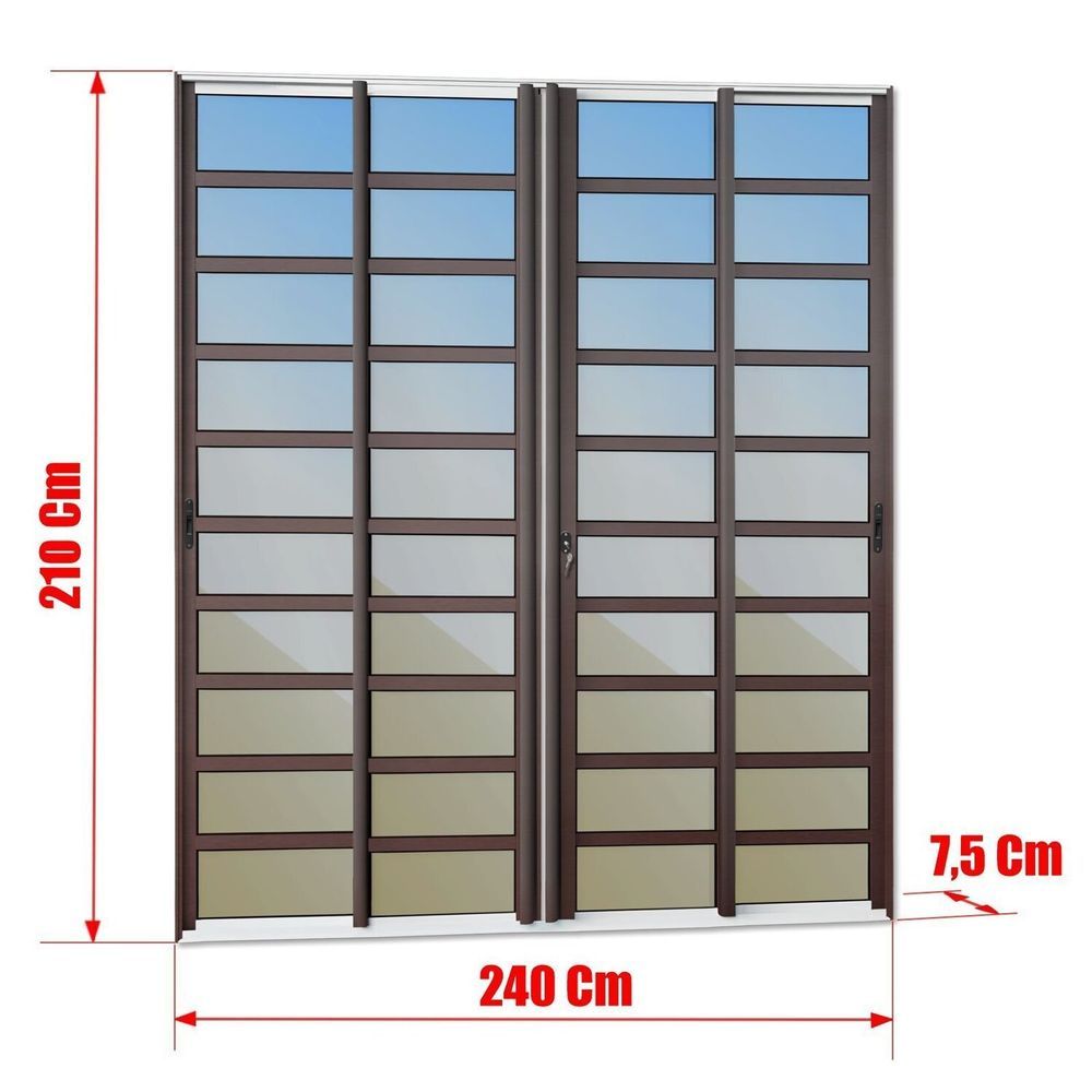 Encontraproduto.com.br - Porta De Correr Com Travessas 4 Folhas Moveis 210 X 240 Elite Com Fechadura Tetra Vidro Reflex Mix Corten