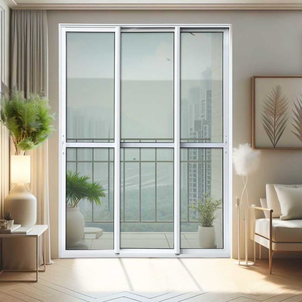 Porta De Correr 3 Folhas Moveis Sequenciais 210 X 200 Elite Com Fecho Automático Vidro Liso Branco