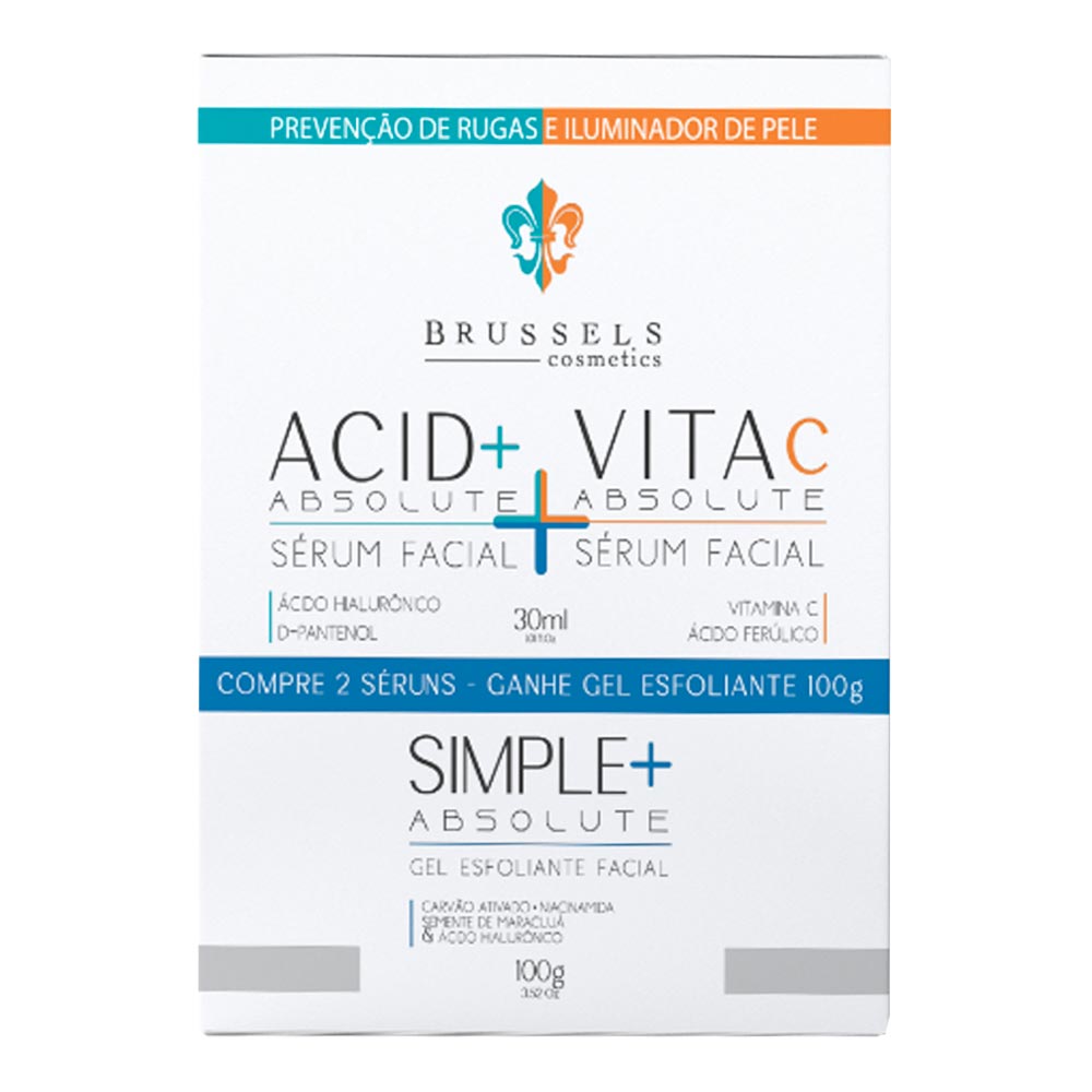 Encontraproduto.com.br - Kit Sérum Brussel Cosmetics Acid Absolute 30ml + Sérum Vita C Absolute 30ml + Gel Esfoliante Facial Simple + Absolute 100ml