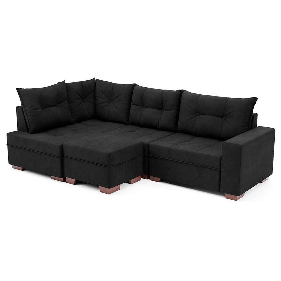 Sofá de Canto 7 Lugares Glória Suede Preto