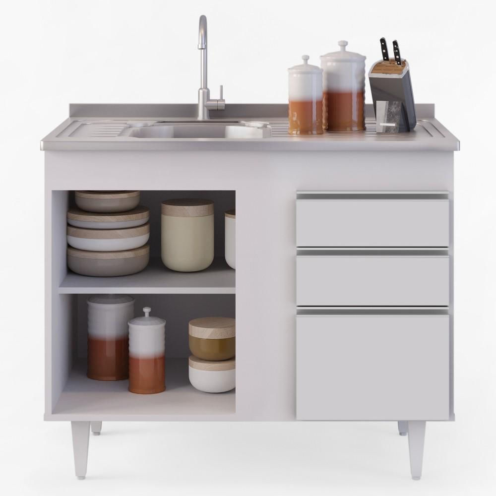 Encontraproduto.com.br - Balcão Gabinete Com Pia Inox 100cm 3 Portas 2 Gavetas Luziania Branco - Lumil Móveis