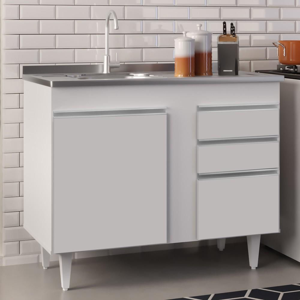 Encontraproduto.com.br - Balcão Gabinete Com Pia Inox 100cm 3 Portas 2 Gavetas Luziania Branco - Lumil Móveis