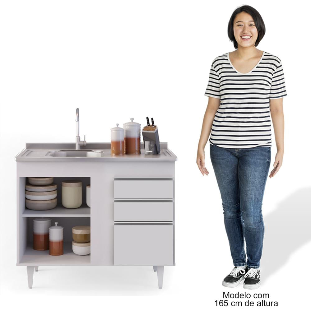 Encontraproduto.com.br - Balcão Gabinete Com Pia Inox 100cm 3 Portas 2 Gavetas Luziania Branco - Lumil Móveis