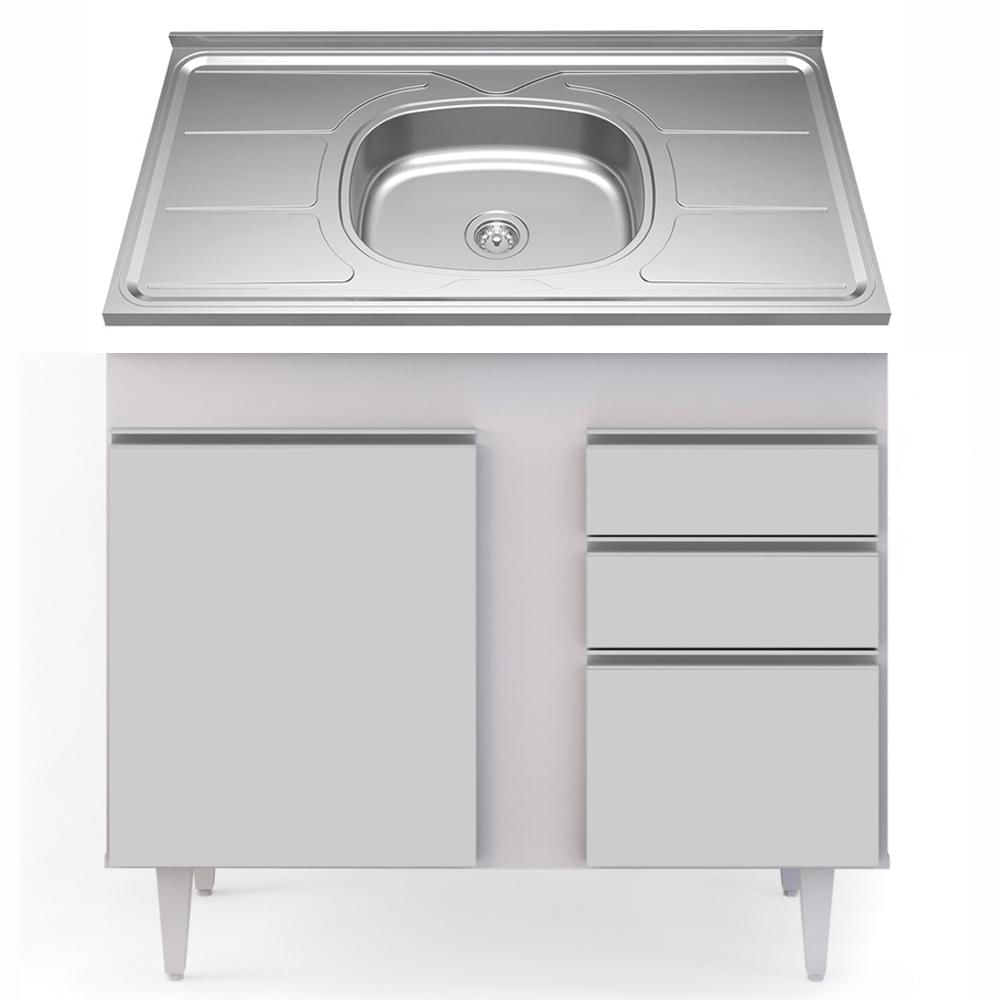 Encontraproduto.com.br - Balcão Gabinete Com Pia Inox 100cm 3 Portas 2 Gavetas Luziania Branco - Lumil Móveis