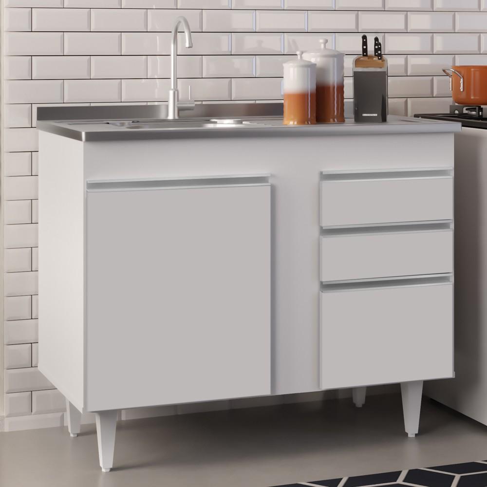 Encontraproduto.com.br - Balcão Gabinete Com Pia Inox 100cm 3 Portas 2 Gavetas Luziania Branco - Lumil Móveis