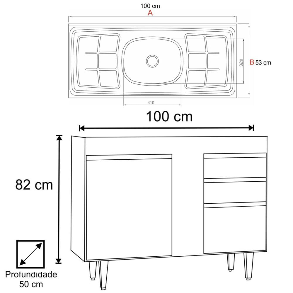 Encontraproduto.com.br - Balcão Gabinete Com Pia Inox 100cm 3 Portas 2 Gavetas Luziania Branco - Lumil Móveis