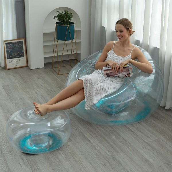 Encontraproduto.com.br - Poltrona Inflável Lazy Lounge Glitter Com Puff VG Plus Azul