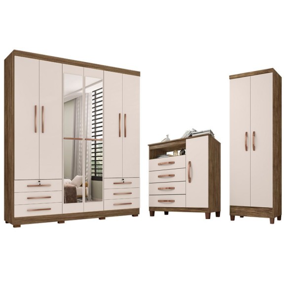 Encontraproduto.com.br - Guarda Roupa Casal Londres Com Espelho E Cômoda Sapateira Cannes E Multiuso Teka Champanhe Incorplac