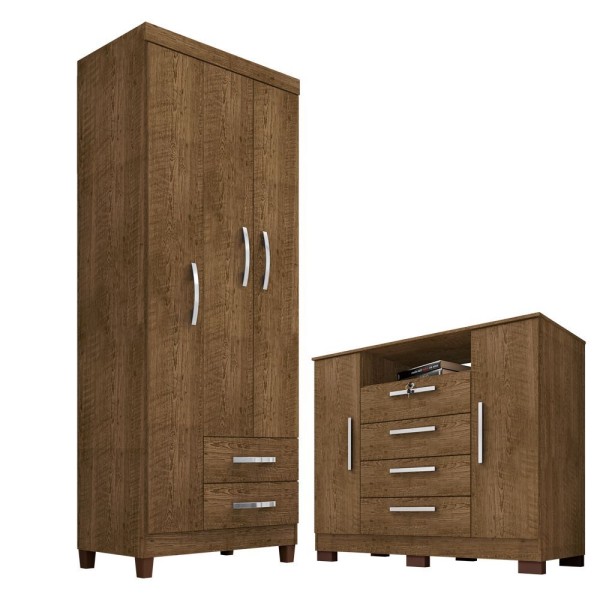 Encontraproduto.com.br - Guarda Roupa Solteiro 3 Portas 2 Gavetas Modena Com Cômoda Madri 2 Portas 4 Gavetas Malbec Incorplac