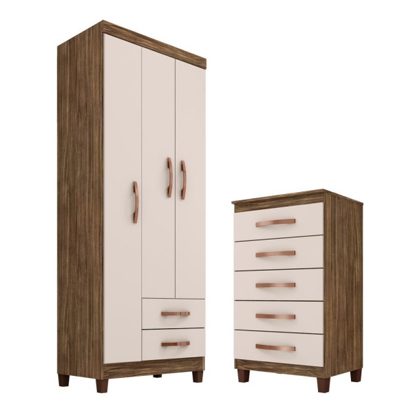 Encontraproduto.com.br - Guarda Roupa Solteiro 3 Portas 2 Gavetas Com Cômoda 5 Gavetas Cannes Teka Champanhe Incorplac