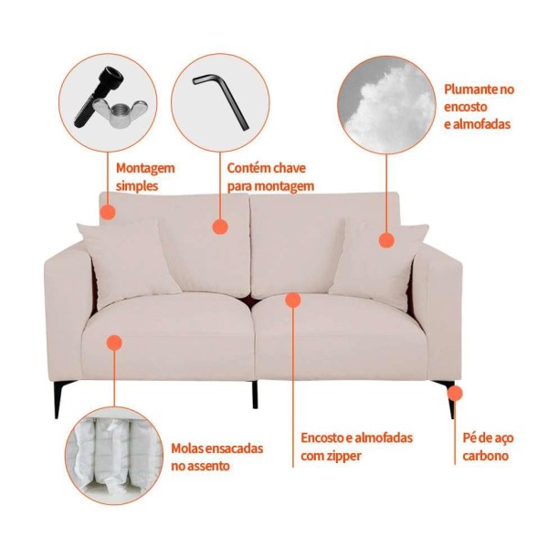 Encontraproduto.com.br - Sofá Unne 2 Lugares com Molas Ensacadas Bouclê Bege 170 cm