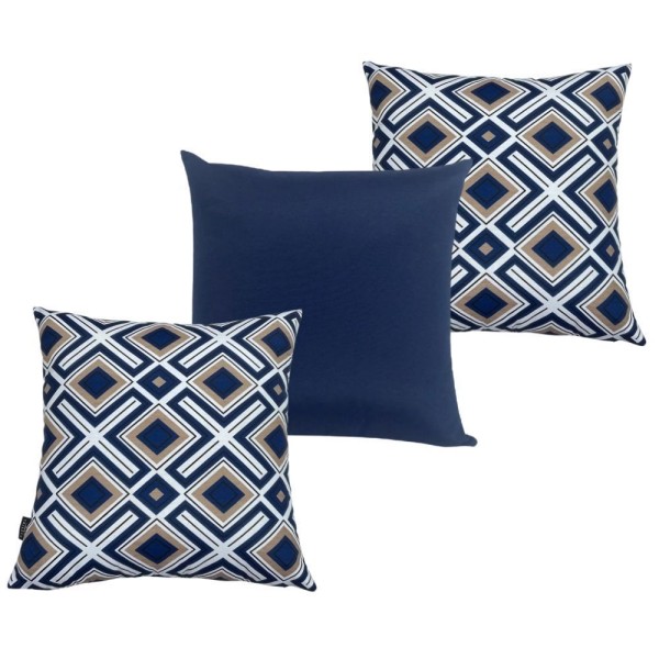 Encontraproduto.com.br - Kit 3 Capas De Almofada Impermeável Belize Zíper Invisível 45cmx45cm geométrica Azul E Lisa Azul