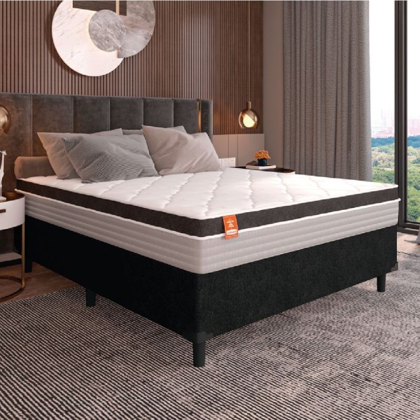 Encontraproduto.com.br - Cama Box Casal Colchão Molas Ensacadas Real 138x188x65cm Preto/Cinza Suporta Até 130kg Por Pessoa