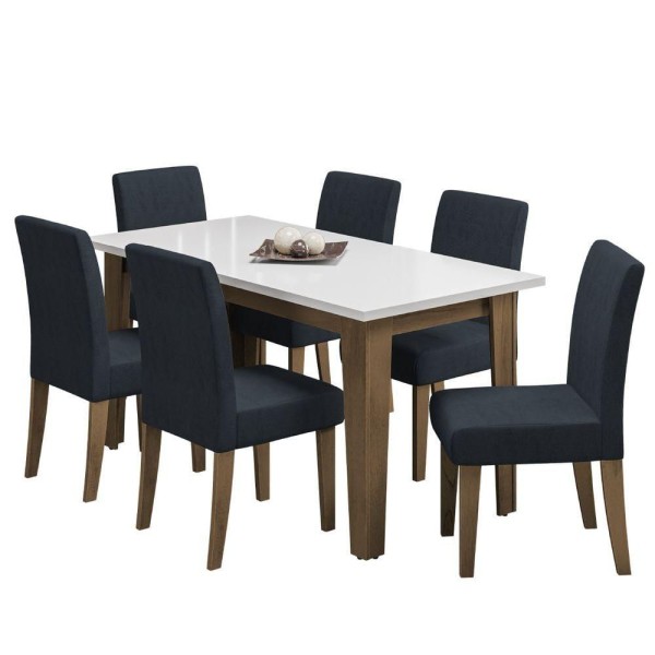 Encontraproduto.com.br - Conjunto De Mesa Sala De Jantar Miami Com 6 Cadeiras Trieste Suede 1,60m Cedro / Off White / Chumbo Dobuê Cedro / Off White