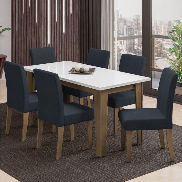 Encontraproduto.com.br - Conjunto De Mesa Sala De Jantar Miami Com 6 Cadeiras Trieste Suede 1,60m Cedro / Off White / Chumbo Dobuê Cedro / Off White