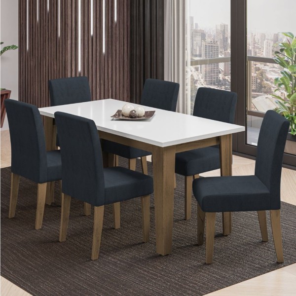 Encontraproduto.com.br - Conjunto De Mesa Sala De Jantar Miami Com 6 Cadeiras Trieste Suede 1,60m Cedro / Off White / Chumbo Dobuê Cedro / Off White