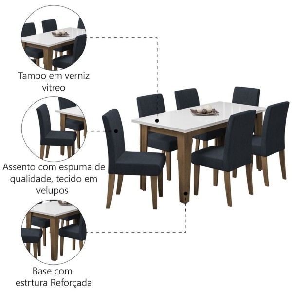 Encontraproduto.com.br - Conjunto De Mesa Sala De Jantar Miami Com 6 Cadeiras Trieste Suede 1,60m Cedro / Off White / Chumbo Dobuê Cedro / Off White