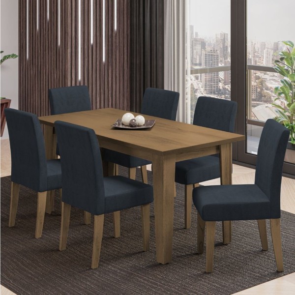 Encontraproduto.com.br - Conjunto De Mesa Sala De Jantar Miami Com 6 Cadeiras Trieste Suede 1,60m Cedro / Chumbo Dobuê Cedro