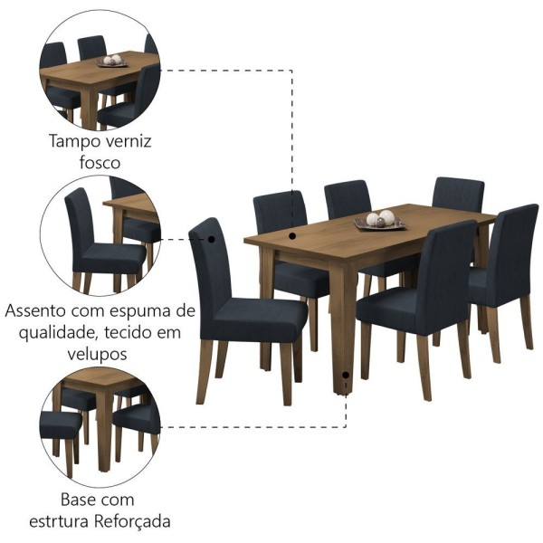 Encontraproduto.com.br - Conjunto De Mesa Sala De Jantar Miami Com 6 Cadeiras Trieste Suede 1,60m Cedro / Chumbo Dobuê Cedro
