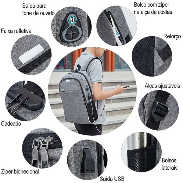 Encontraproduto.com.br - Mochila Notebook Com Cadeado Anti Furto Lorben Saída Cabo Auxiliar Usb Fone Ouvido Gt6238