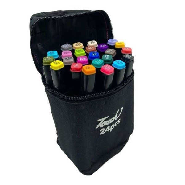 Encontraproduto.com.br - Kit Caneta Marcador Ponta Dupla 24 Cores Com Bolsa Preta De Tecido