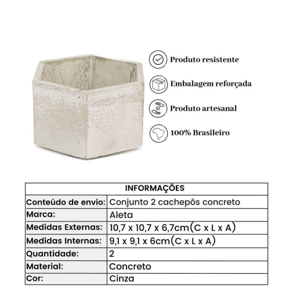 Encontraproduto.com.br - Conjunto 2 Cachepôs Concreto Artesanal Hexágono 6,7cm Cinza