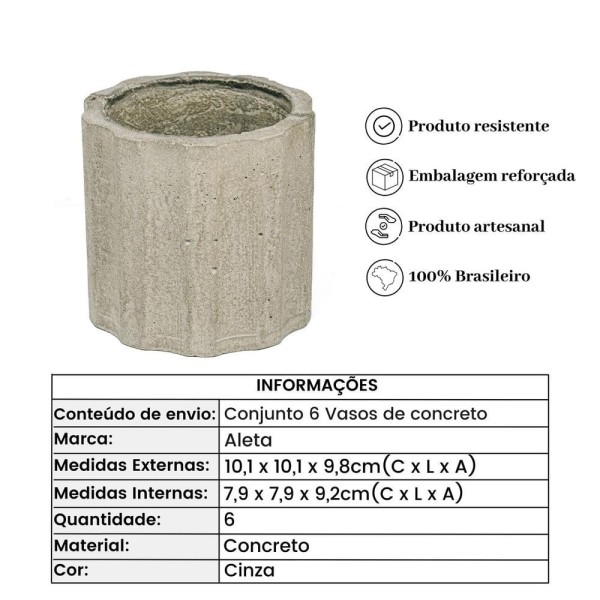 Encontraproduto.com.br - Conjunto 6 Vasos De Concreto Artesanal Listras 9,8cm P Cinza