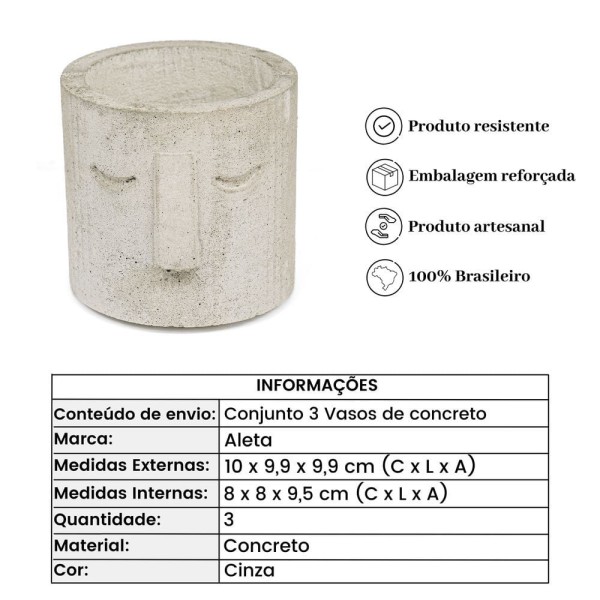 Encontraproduto.com.br - Conjunto 3 Vasos De Concreto Artesanal Moai 9,5cm Cinza