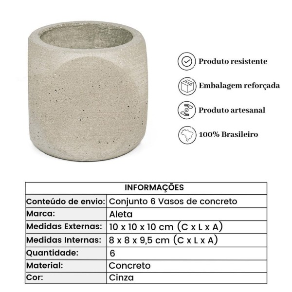Encontraproduto.com.br - Conjunto 6 Vasos De Concreto Artesanal Dado 10cm Cinza