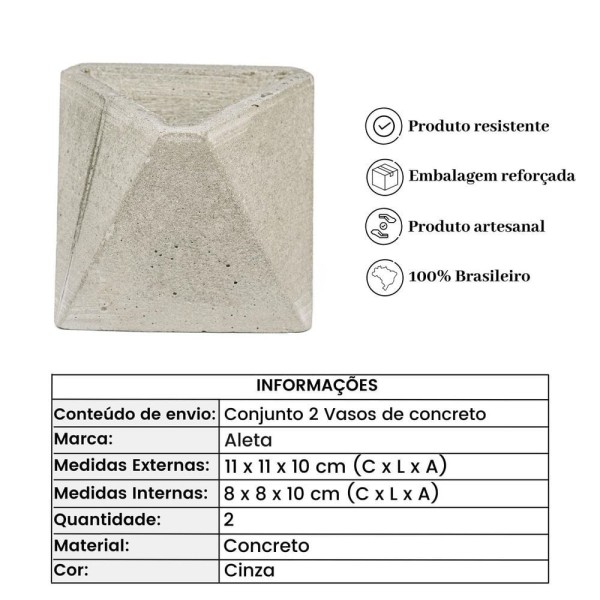 Encontraproduto.com.br - Conjunto 2 Vasos De Concreto Artesanal Triangulos 10cm Cinza