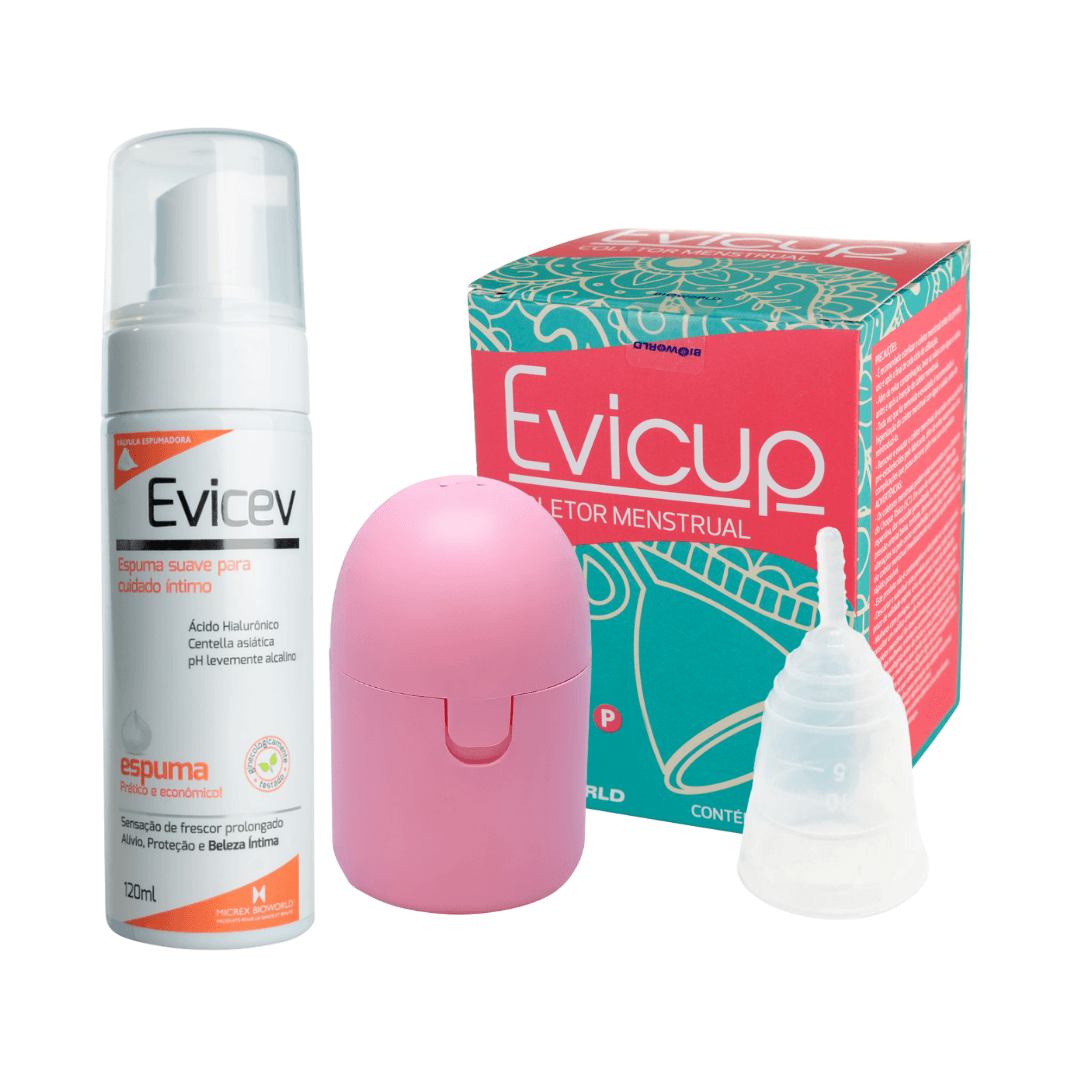 Kit Coletor Menstrual EVICUP P + Caixinha Esterilizadora + Evicev 120ml - Higiene e Beleza Íntima