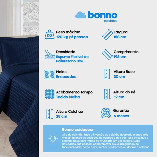 Encontraproduto.com.br - Cama Box Queen Bonno Gold Style Blue Molas Ensacadas 158x198x70cm