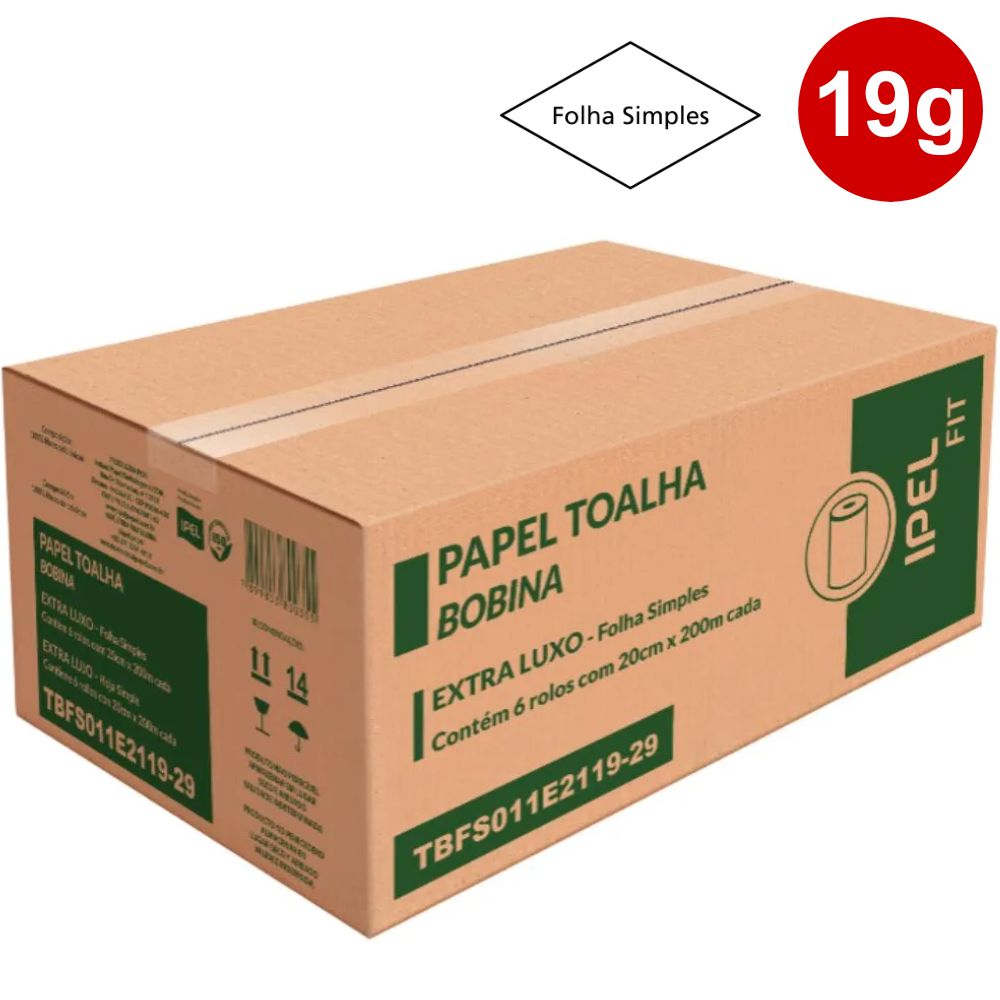 Papel Toalha Folha Simples 19G Branco em Rolo Extra Luxo Basic Caixa com 6 rolos de 200mX19cm
