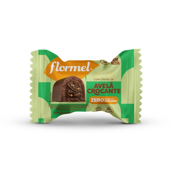 Encontraproduto.com.br - Kit Pouch Bombom Recheado c/ Creme Avelã Crocante Flormel Zero Açúcar 60G com 5 unidades