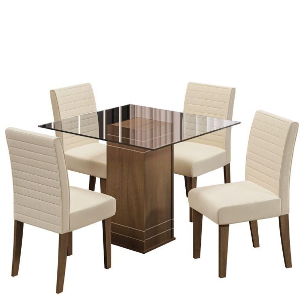 Encontraproduto.com.br - Conjunto De Mesa Sala De Jantar Com Tampo De Vidro 1m Onix 4 Cadeiras Creta Cedro Areia Dobuê Vidro