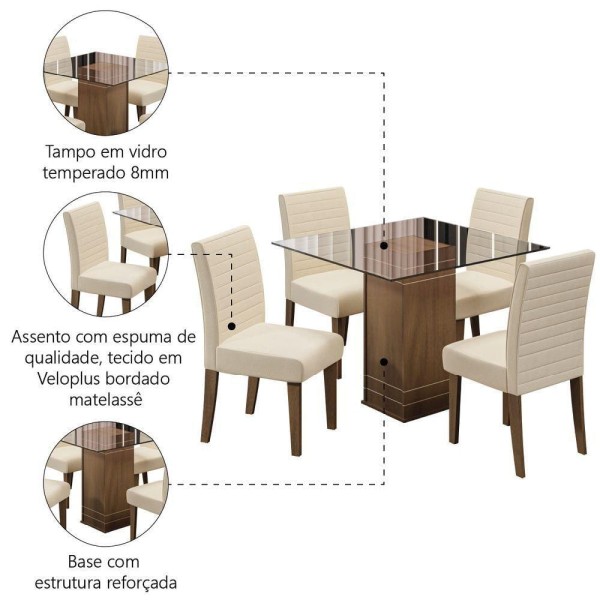 Encontraproduto.com.br - Conjunto De Mesa Sala De Jantar Com Tampo De Vidro 1m Onix 4 Cadeiras Creta Cedro Areia Dobuê Vidro