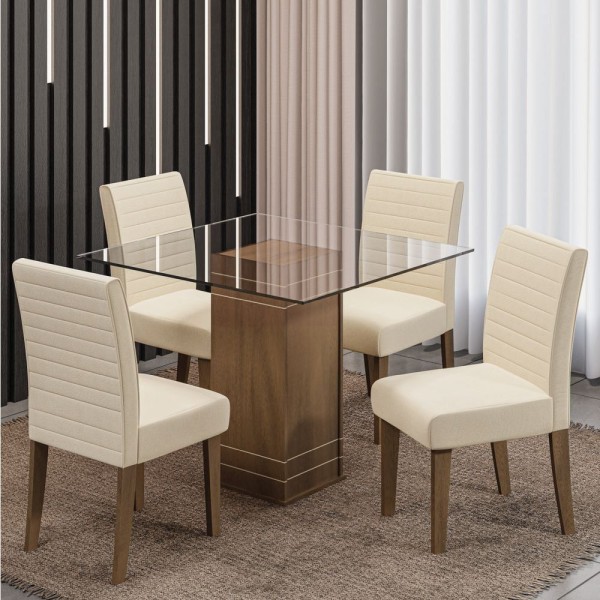 Encontraproduto.com.br - Conjunto De Mesa Sala De Jantar Com Tampo De Vidro 1m Onix 4 Cadeiras Creta Cedro Areia Dobuê Vidro