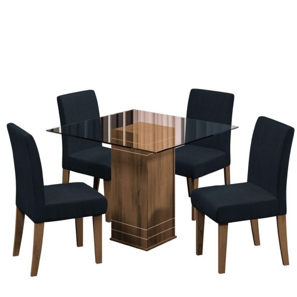 Encontraproduto.com.br - Conjunto De Mesa Sala De Jantar Com Tampo De Vidro 1m Onix 4 Cadeiras Trieste Cedro / Chumbo Dobuê Vidro